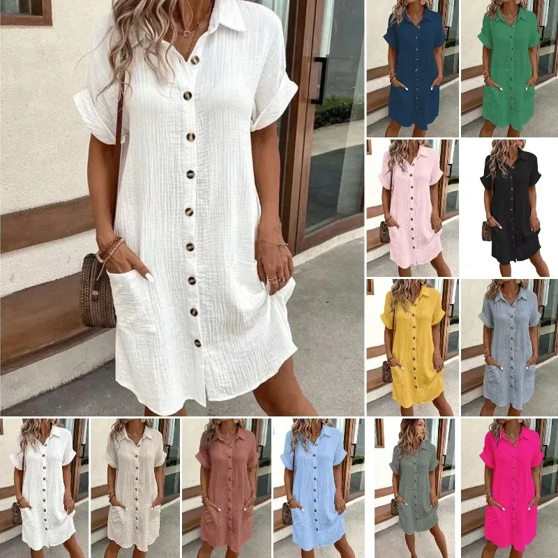 Casual Loose Linen Shirt Dress - Vestido de estilo informal, de algodón