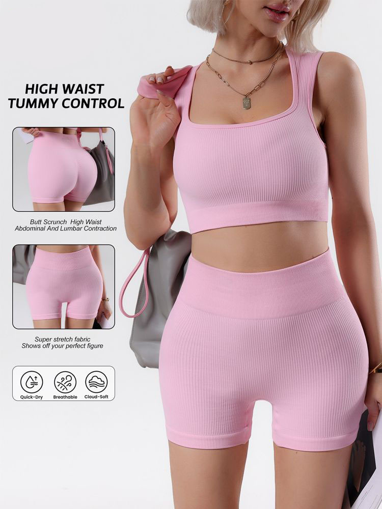 Seamless Ribbed Workout Tank Top - Conjunto de Shorts de Yoga Sin