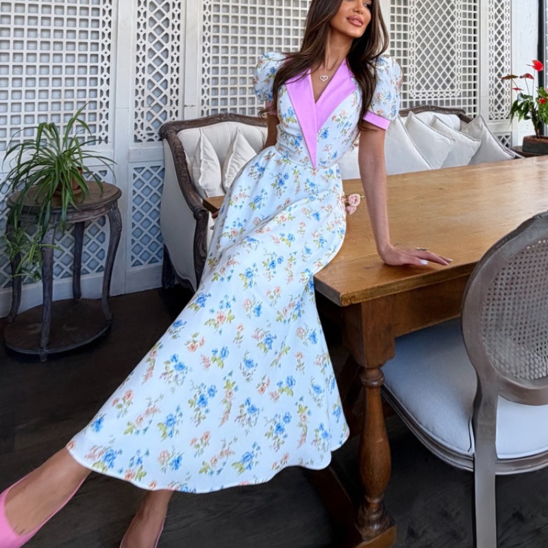French Vintage Floral Midi Dress - Elegante Vestido Midi Corsé con Estampado