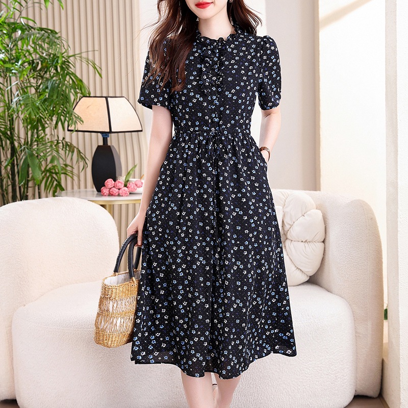 French Vintage Floral Midi Dress - Vestido Midi Vintage Azul Marino con