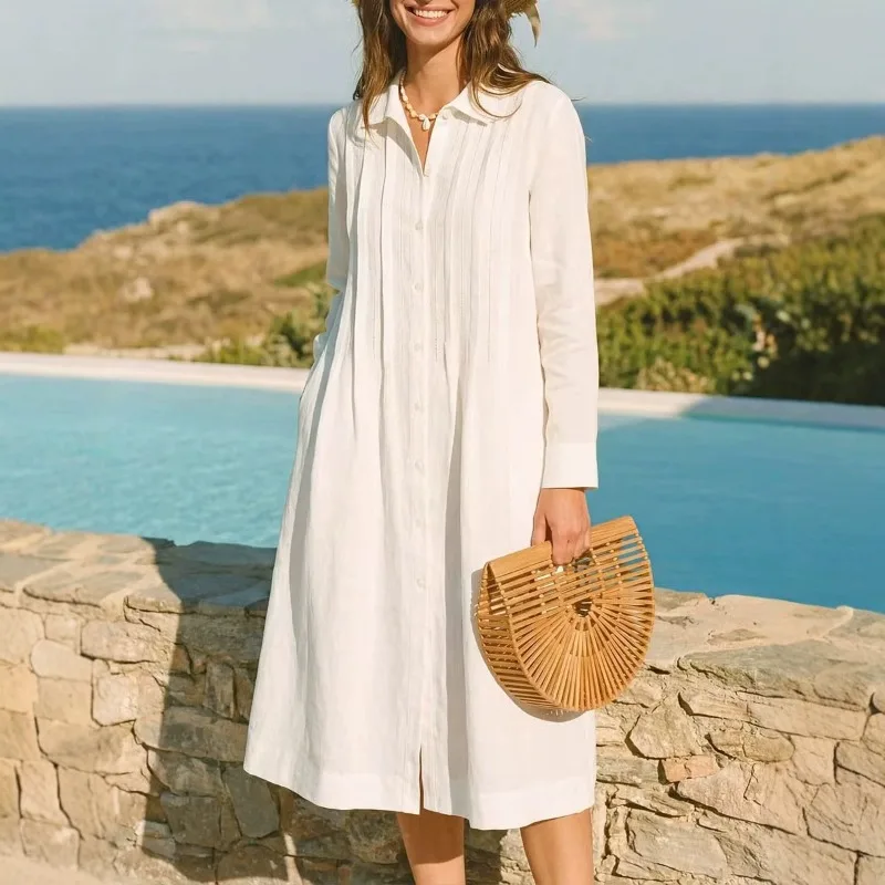 Vestido largo europeo de tela  - Casual Loose Linen Shirt Dress reseña y precio