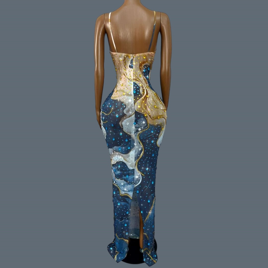 Vestido largo de noche con esc - Sparkly Rhinestone Club Party Dress reseña y precio